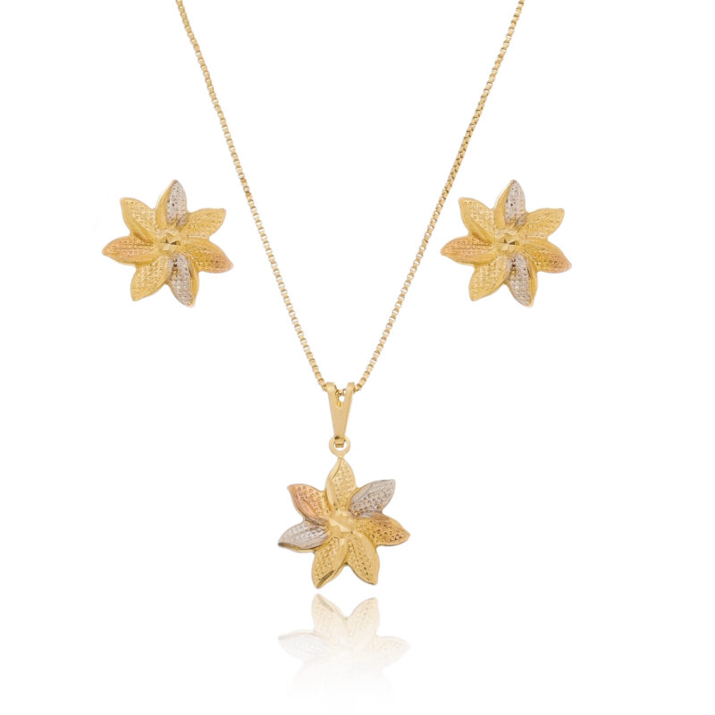 Conjunto Gargantilha e Brinco Flor 3 Tons Banhado Ouro 18k