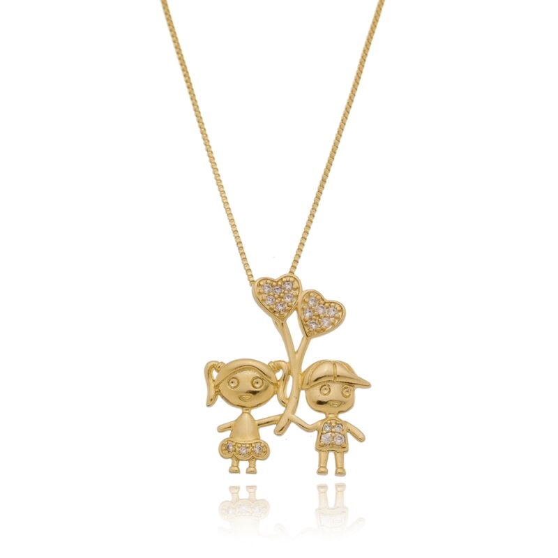 Gargantilha Filhos Menino e Menina com Zircônia Banhado a Ouro 18k