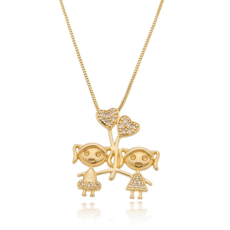 Gargantilha Filhas 2 Meninas Banhada a Ouro 18k