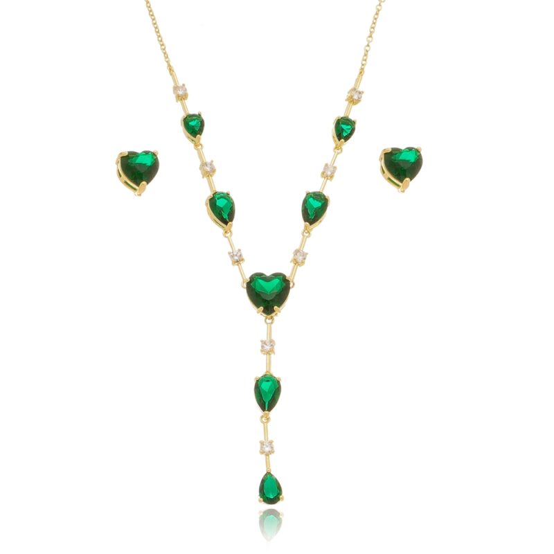 Conjunto de Gargantilha e Brinco Pedras Verdes Banhado a Ouro 18k