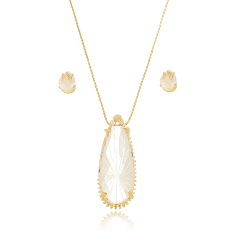 Conjunto Pedra de Cristal Gota e Brinco Banhado a Ouro 18k
