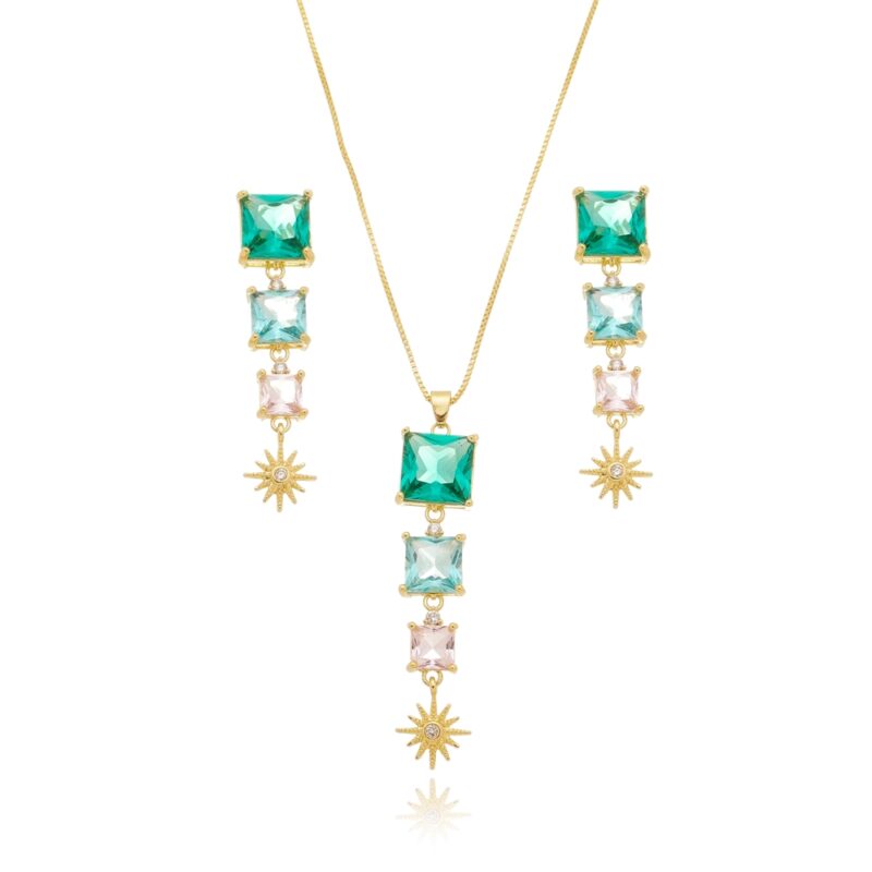 Conjunto de Gargantilha e Brinco  Pedras Quadradas Coloridas e Sol com Zircônia Banhado a Ouro 18k