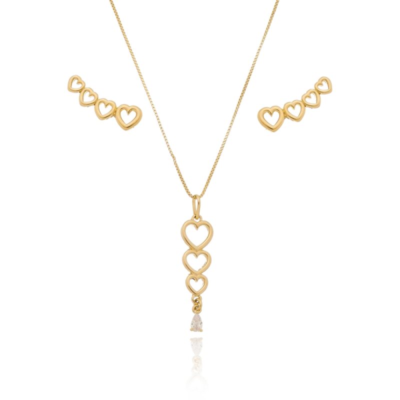 Conjunto de Gargantilha e Brinco Coração com Gota de Zircônia Banhado a Ouro 18k
