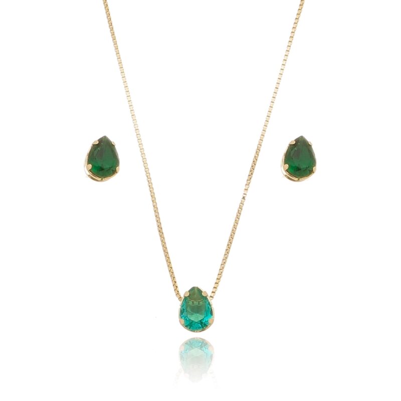 Conjunto Brinco e Gargantilha Pedra Verde Banhado a Ouro 18k