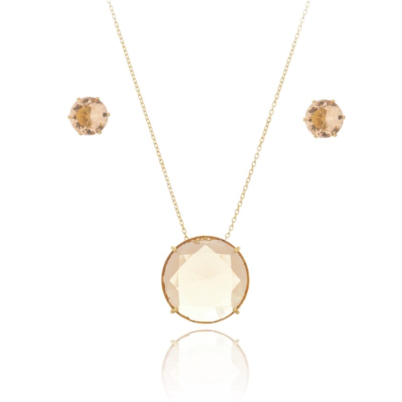 Conjunto Brinco e Gargantilha Rose Pedra Cristal Banhado a Ouro 18k