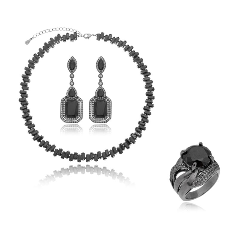 Conjunto Brinco Colar e Pulseira Banhado a Ródio Negro