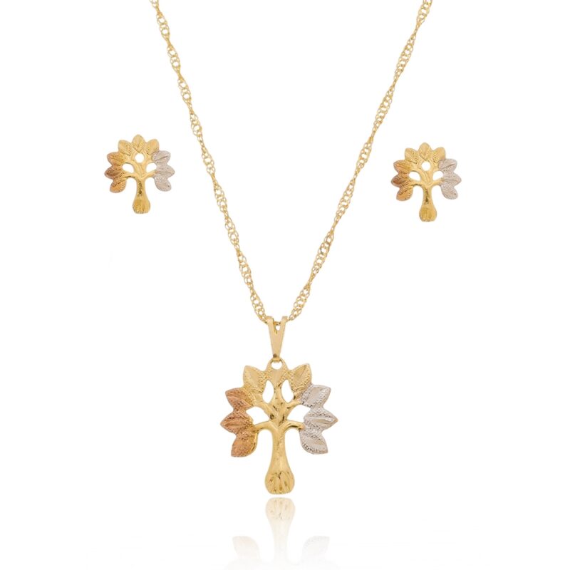 Conjunto Gargantilha e Brinco Árvore Banhado a Ouro 18k
