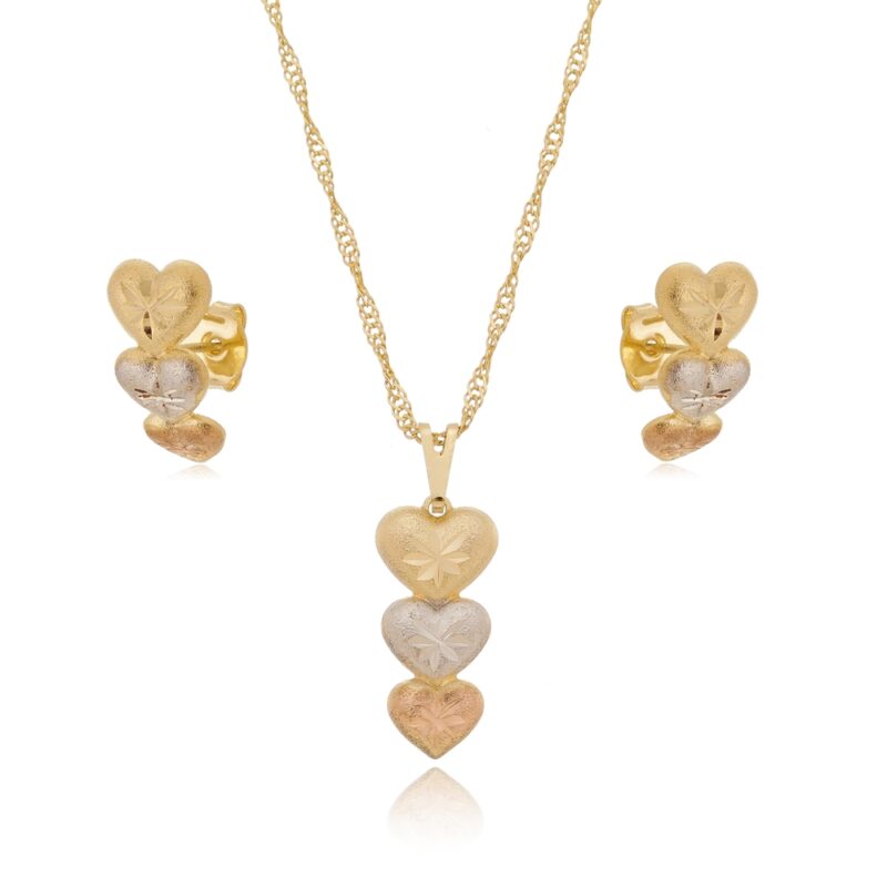 Conjunto 3 Corações 3 Tons Banhado a Ouro 18k