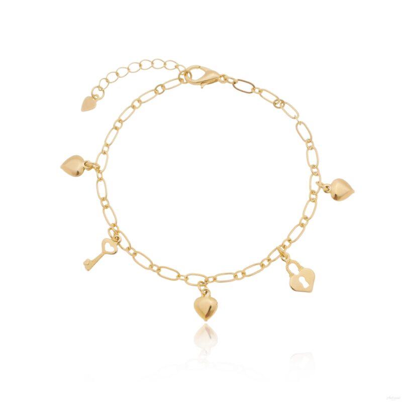 Pulseira com Pingente Coração Chave e Cadeado Banhada a Ouro 18k