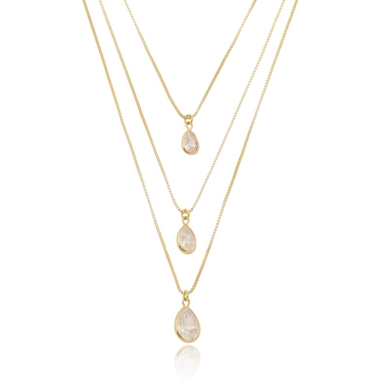 Colar Triplo Pingentes Gota Cristal Banhado a Ouro 18k