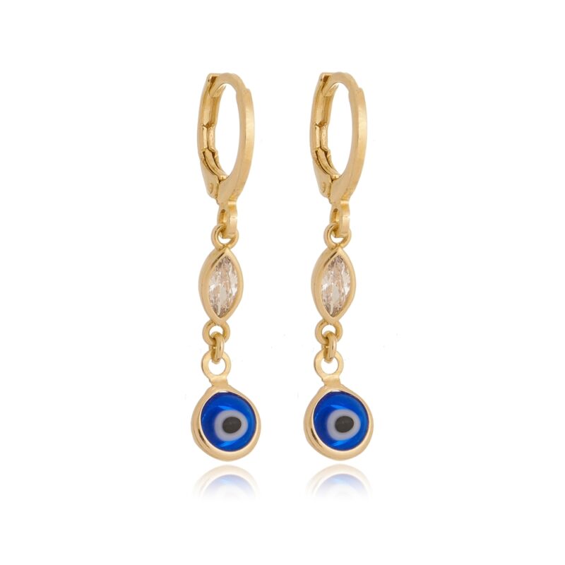 Brinco Olho Grego com Bolinha de Cristal Banhado a Ouro 18k