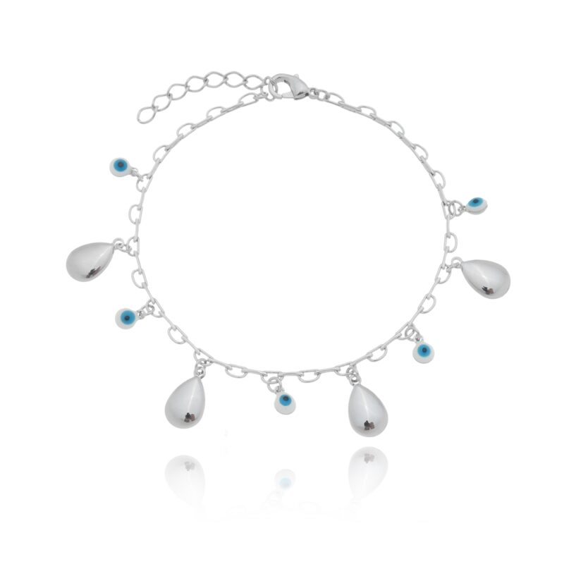 Pulseira Olho Grego e Pingentes Banhada a Ródio Branco