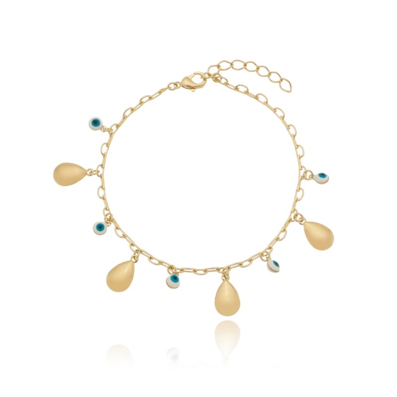 Pulseira Olho Grego e Pingentes Banhada a Ouro 18k