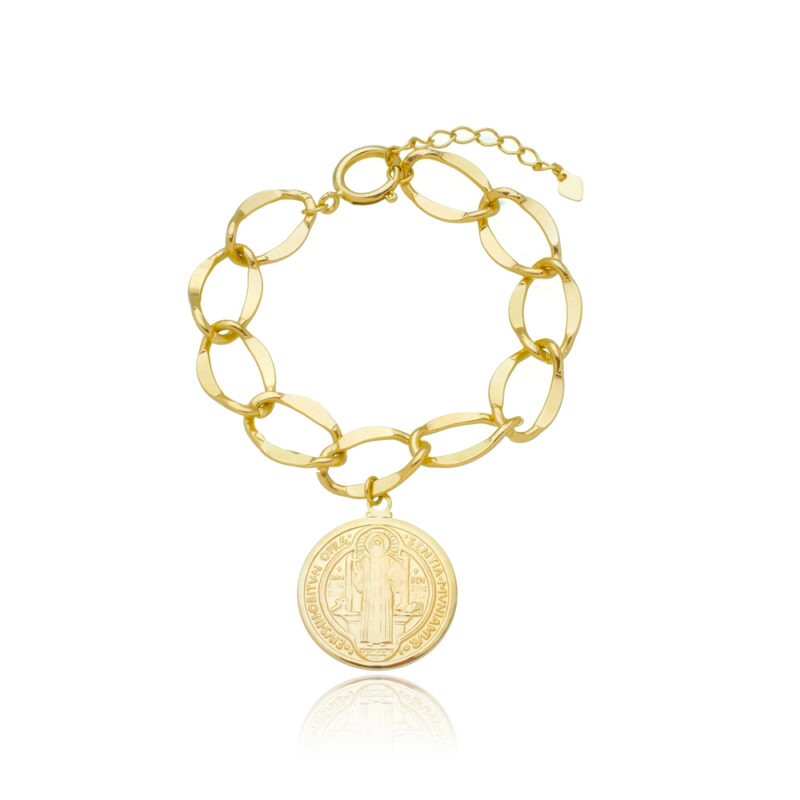 Pulseira Elo Groumet Medalha São Bento Banhada a Ouro 18k