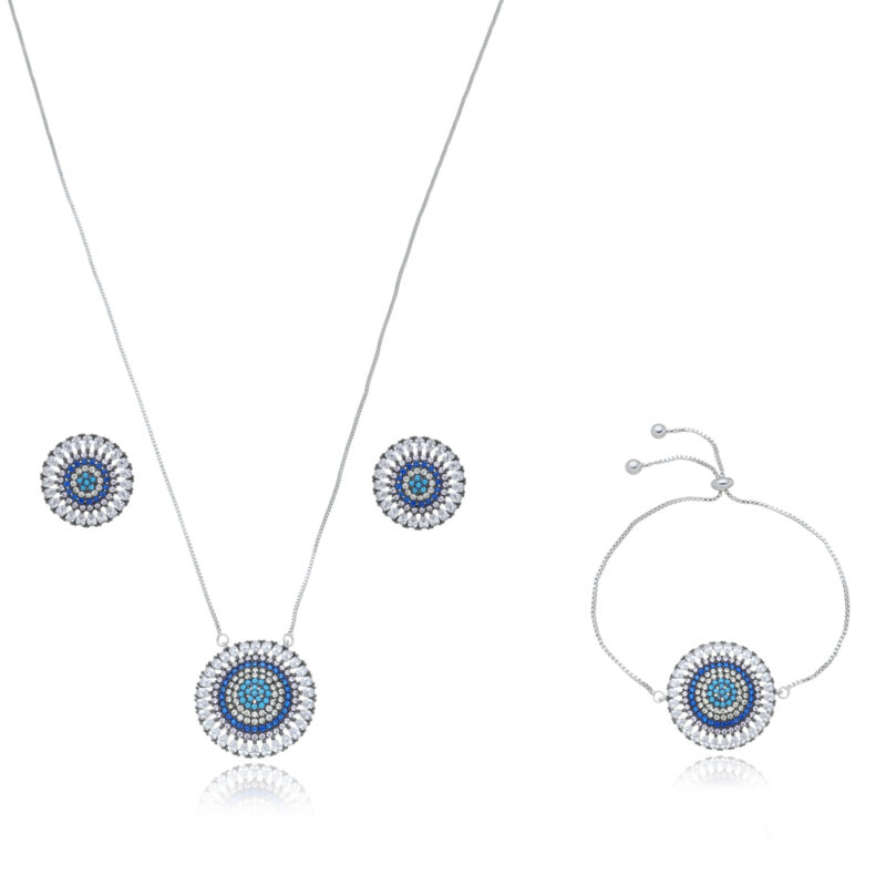 Conjunto Mandala Pulseira Colar e Brinco Banhado a Ródio Branco