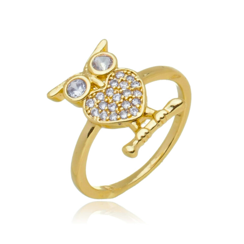 Anel Coruja Banhado a Ouro 18k