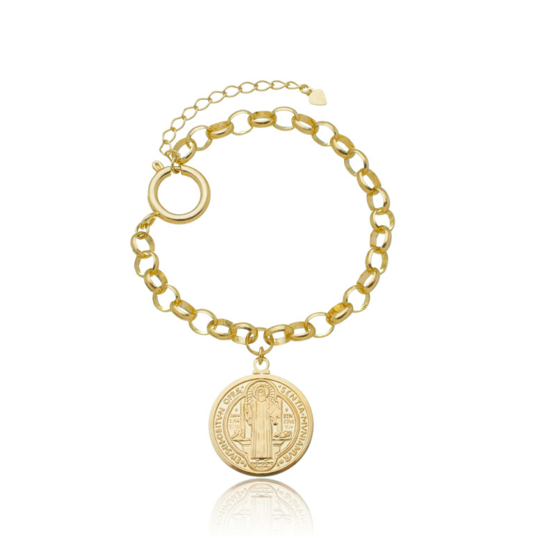 Pulseira Elo Português com Medalha São Bento Banhada a Ouro 18k