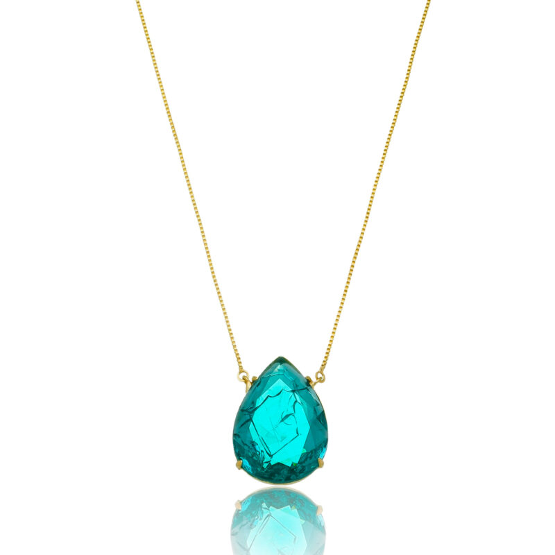 Colar Coração  com Pingente de Pedra Verde Banhado a Ouro 18k