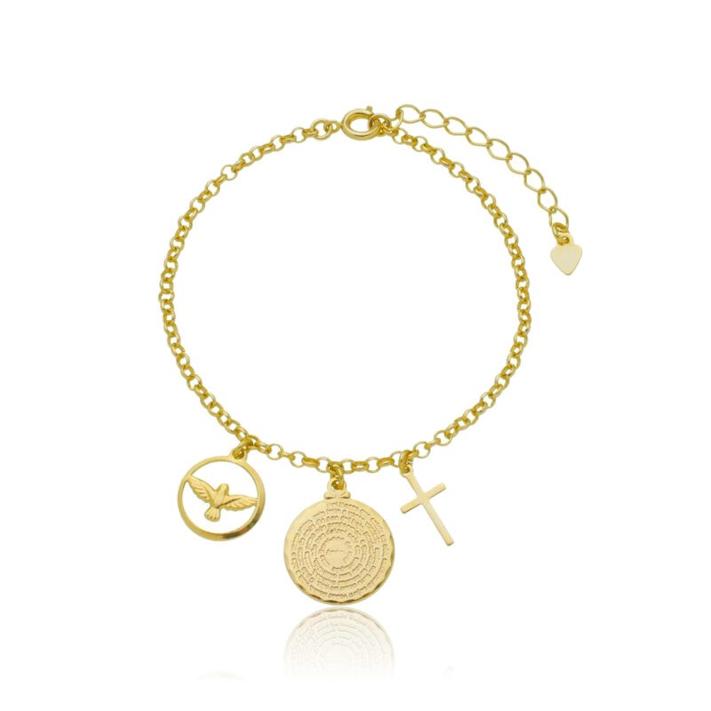 Pulseira 3 Pingentes Oração Crucifixo Espírito Santo Banhada a Ouro 18k