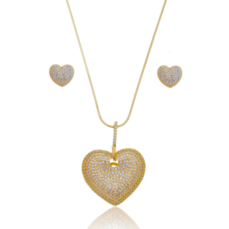 Conjunto Colar Luxo Coração e Brincos Cravejados com Zircônia Banhado a Ouro 18k