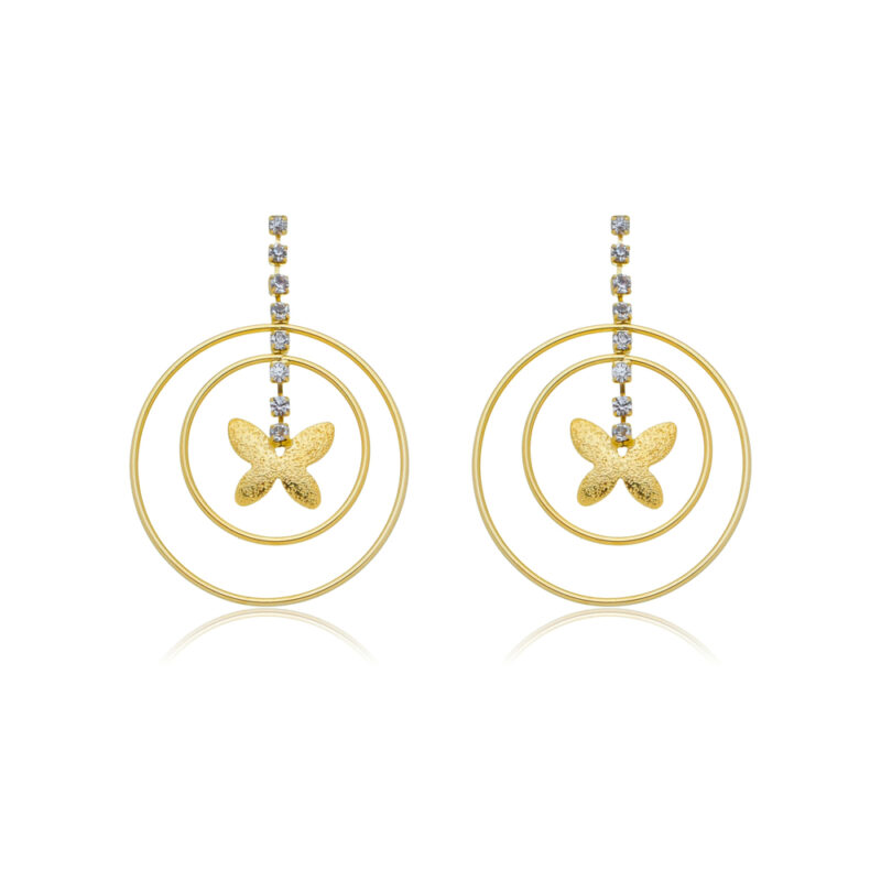 Brinco de Argolas com Borboleta e Zircônia Banhado a Ouro 18k