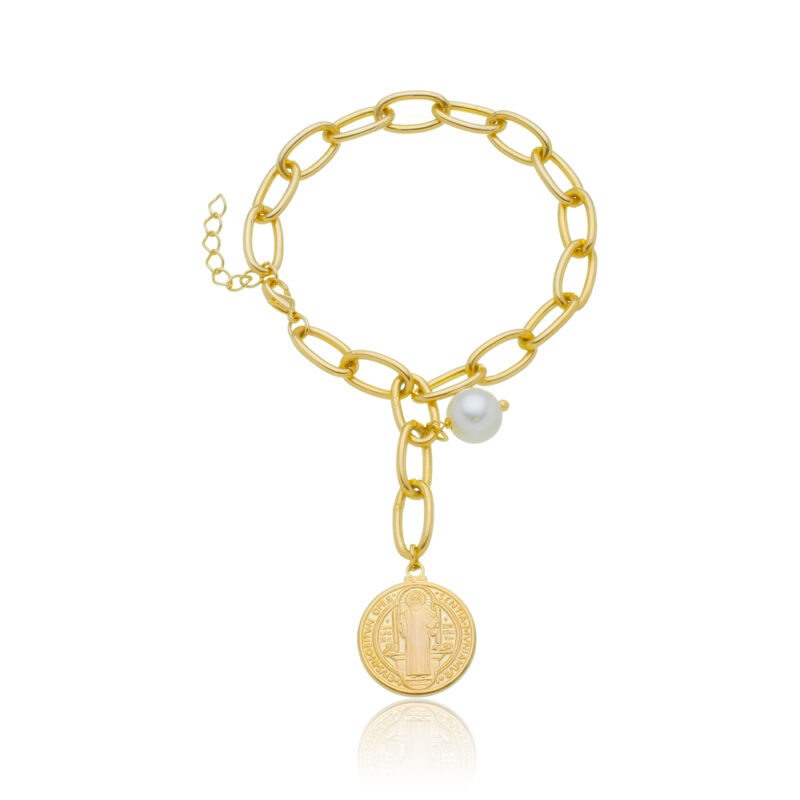Pulseira Medalha São Bento e Pérola Banhada  a Ouro 18k