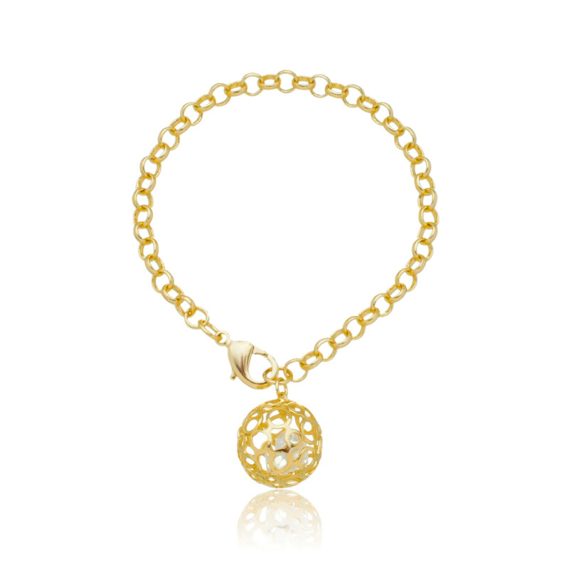 Pulseira Elo Português Pingente Bola Trabalhada Banhada a Ouro 18k