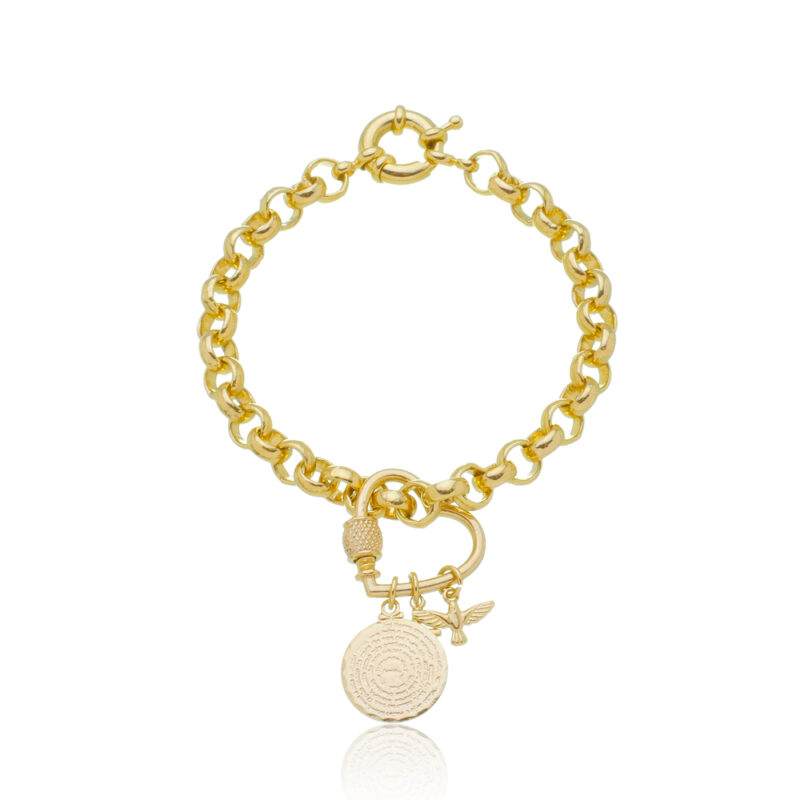 Pulseira Elo Português Coração Espírito Santo e Crucifixo Banhada a Ouro 18k