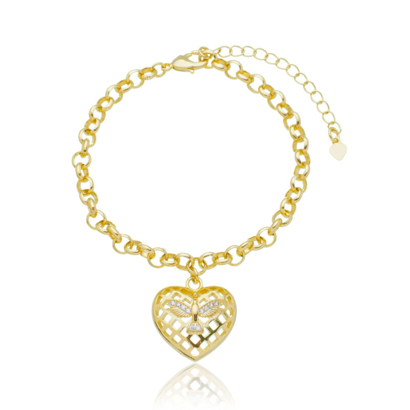 Pulseira Elo Português Coração com Espírito Santo Banhada a Ouro 18k