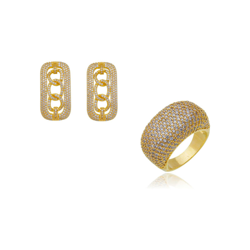 Conjunto Brinco e Anel Zircônia Banhado a Ouro 18k