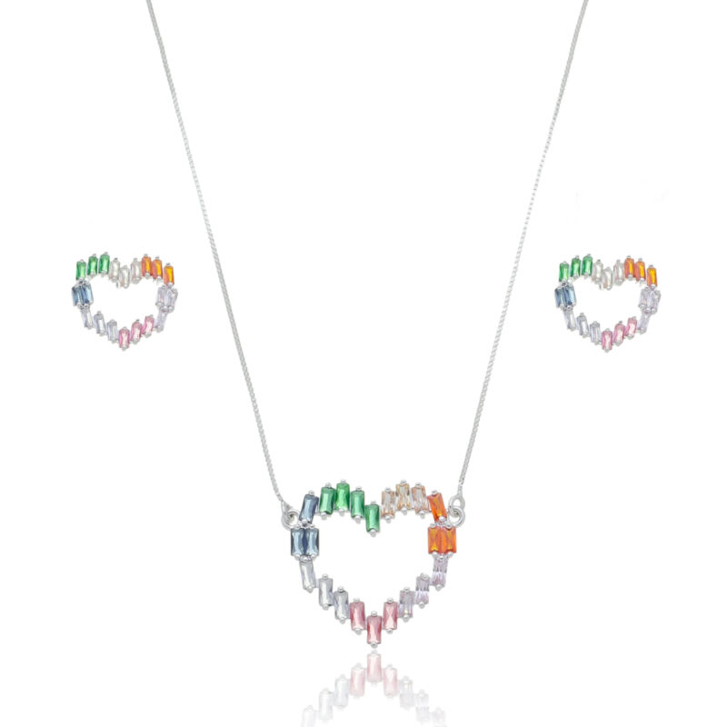 Conjunto Coração e Brincos com Pedras Navetes Zircônia Colorida Banhado a Prata