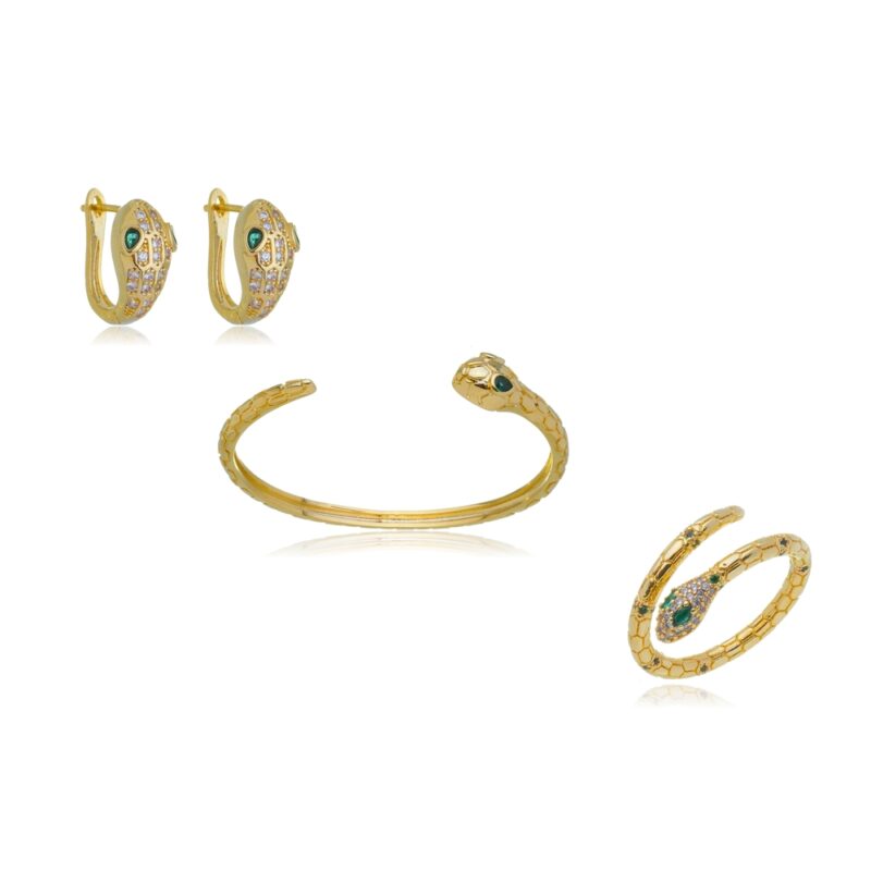 Conjunto Cobra Brinco Pulseira e Anel Banhado a Ouro 18k