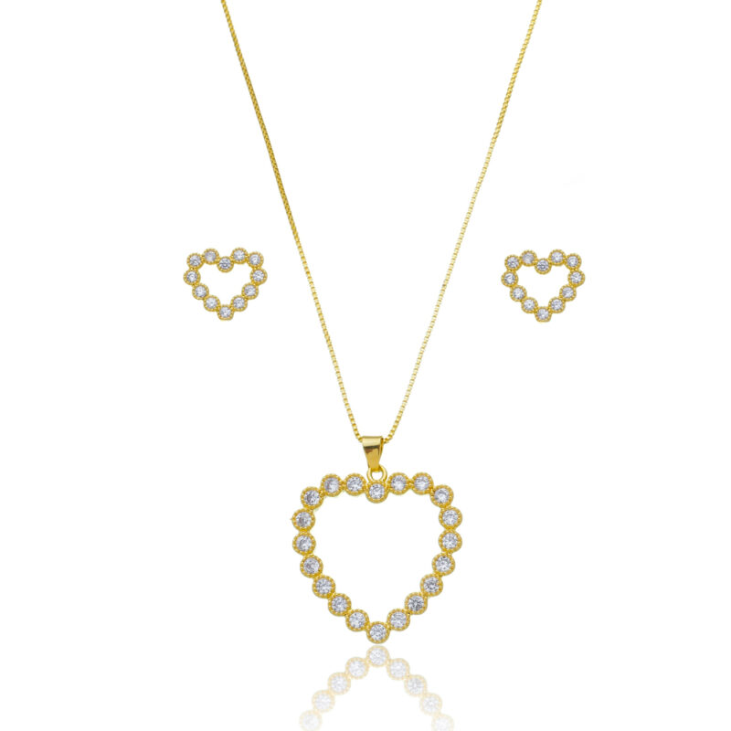 Conjunto de Gargantilha e Brinco Coração Zircônia Banhado a Ouro 18k