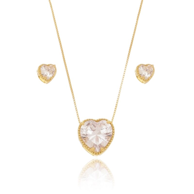 Conjunto Chocker e Brincos Coração de Cristal Banhado a Ouro 18k
