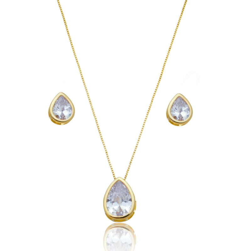 Conjunto Gargantilha e Brinco com Pedra de Cristal Banhado a Ouro 18k