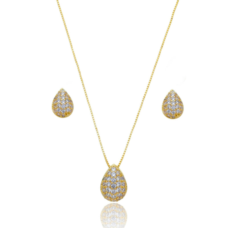 Conjunto Gargantilha e Brinco Gota com Zircônia Banhado a Ouro 18k
