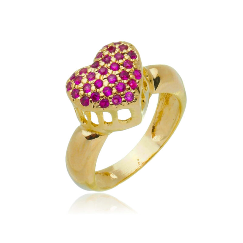 Anel Luxo Coração Zircônias Rubi Banhado a Ouro 18k