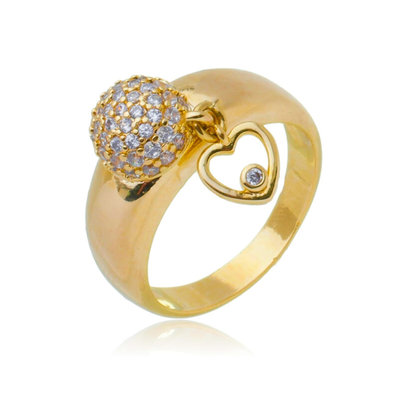 Anel com Bola de Zircônia e Coração Banhado a Ouro