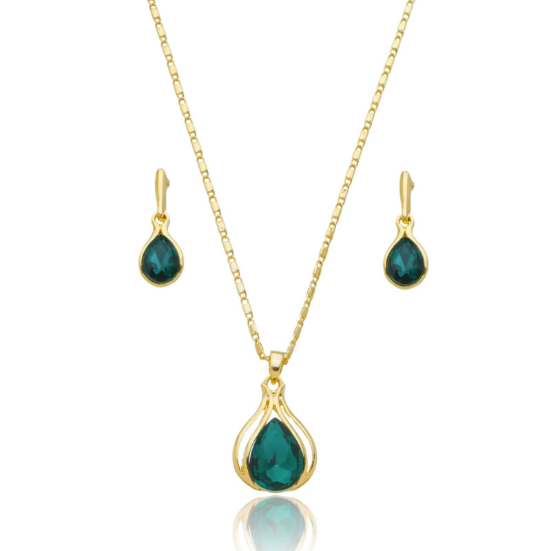 Conjunto Gargantilha e Brinco com Pedras Verdes Banhado a Ouro 18k