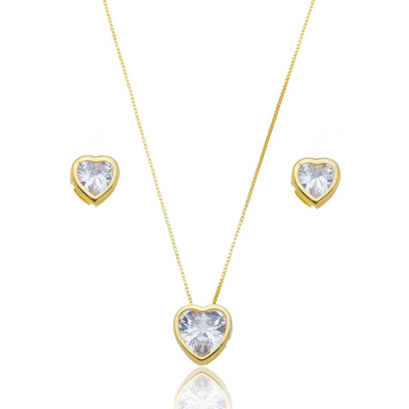 Conjunto Gargantilha e Brinco Coração Cristal Banhado a Ouro 18k