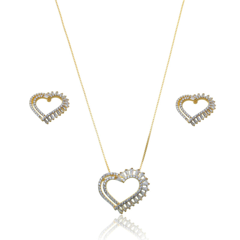 Conjunto Luxo Gargantilha e Brinco Coração Zircônias Banhado a Ouro 18k